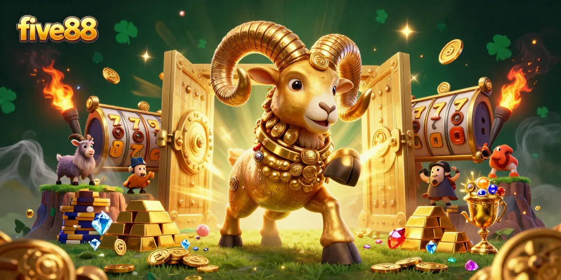 Engage in thrilling slots action at five88 with golden ram and treasure in dynamic casino scene