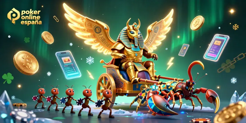 Potencia del póker online España con personajes dinámicos en una vibrante escena de casino digital.