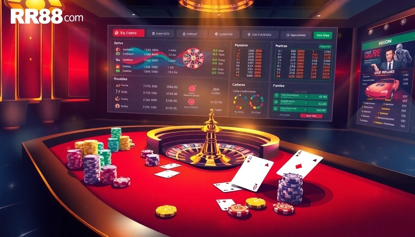 Experience the excitement of betting at RR88 Com with a vibrant casino table filled with poker chips and cards.