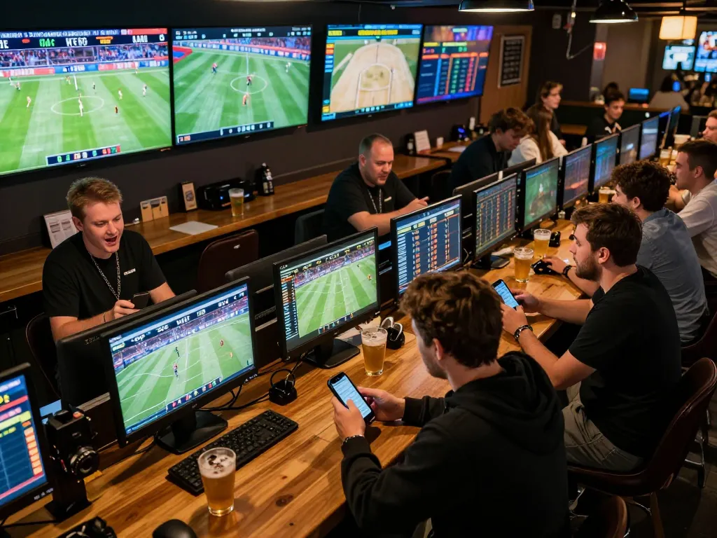 Active sports bettors using Bongdalu mới to analyze odds and place bets in an energetic sports bar environment.