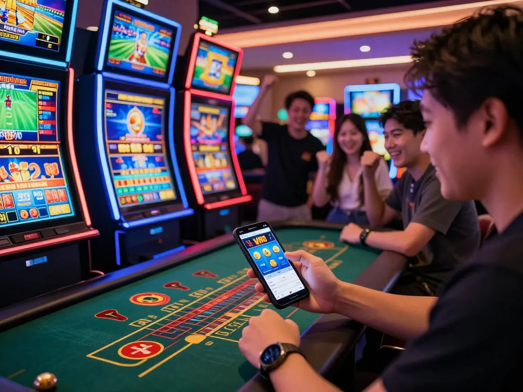 Player enjoying VN88 online casino experience amidst vibrant slot machines and game tables.