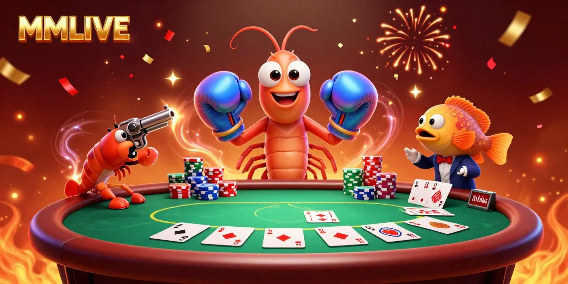 MMLIVE brings lively poker action with animated characters celebrating victories around a vibrant casino table.