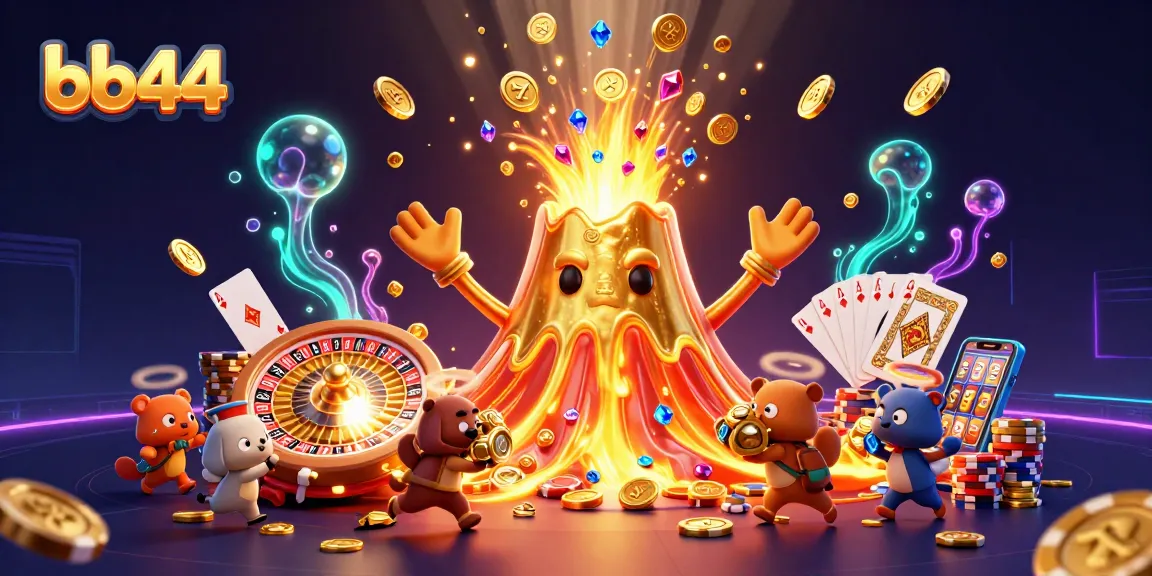 Experience the thrill of bb44 with a golden volcano, coins, and an exciting gaming explosion.