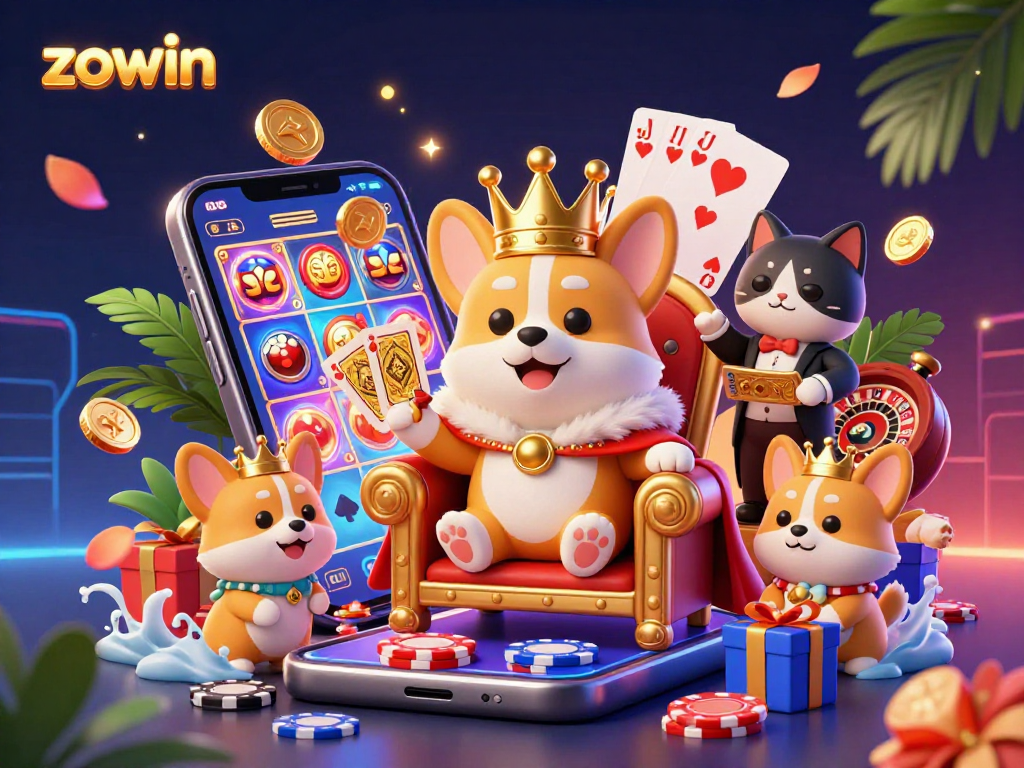 Zowin showcases a royal corgi on a poker chip throne surrounded by casino elements, adding excitement to gaming.