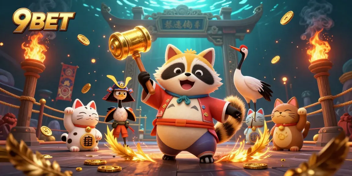 Experience the thrilling atmosphere of 9BET's casino with vibrant characters and dynamic game elements.