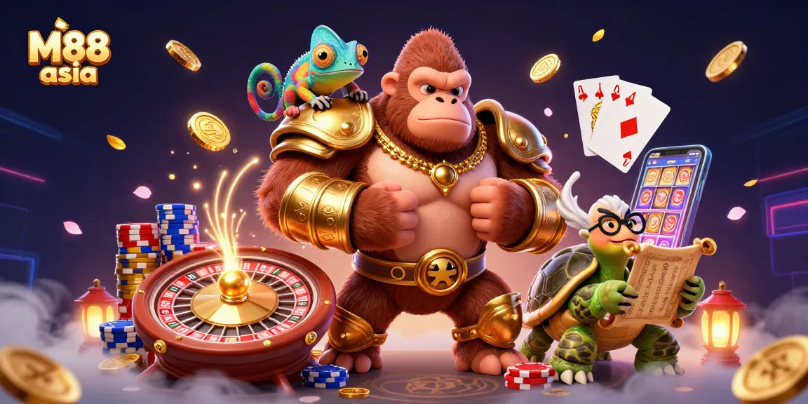 Experience thrilling action at M88 asia with a vibrant 3D casino scene featuring gaming elements.
