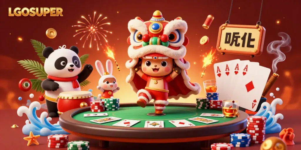 Engage with LGOSUPER’s thrilling gaming environment featuring festive characters and dynamic poker elements.