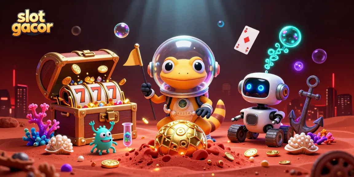 Experience the thrill of slot gacor with a Martian gecko discovering a golden casino in a vibrant 3D scene.