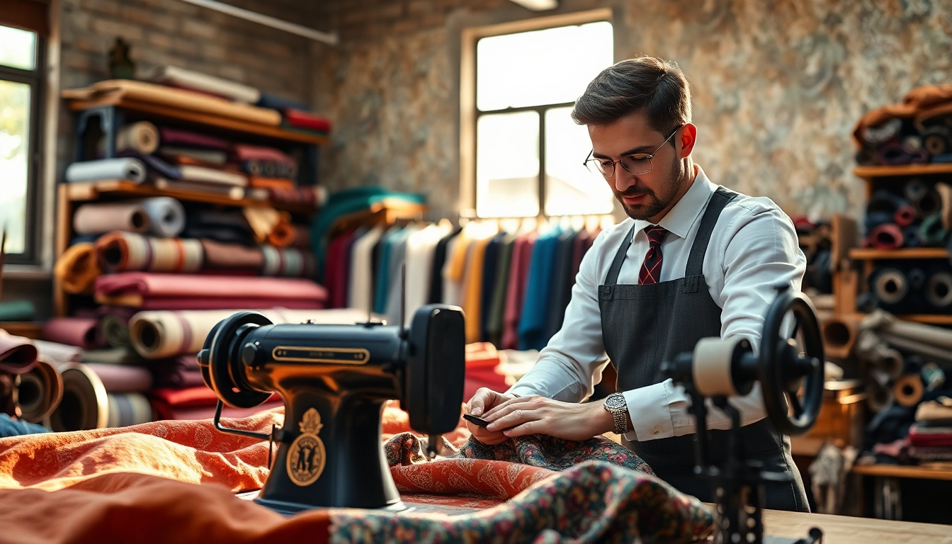 Stoffen voor kleding maken in een kleurrijke naaiatelier met tal van stoffen en gereedschappen.