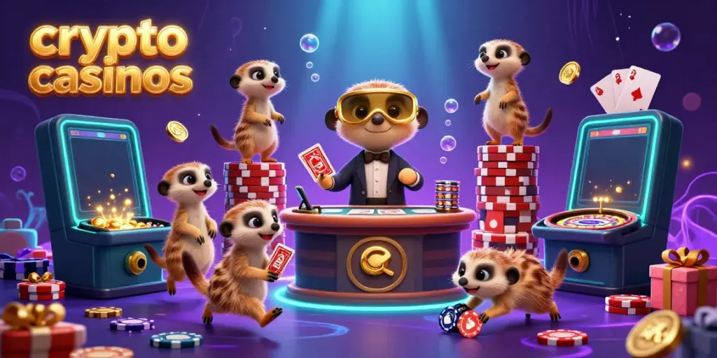Meerkats engaging in crypto casinos with vibrant game elements and colorful displays.