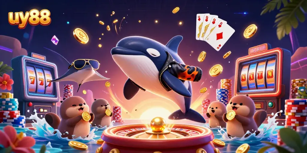 Experience thrilling action with uy88, featuring a cartoony orca and sea otters amidst golden coins and casino elements.