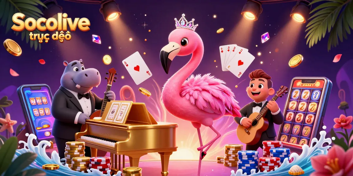 Socolive trực tiếp showcases vibrant 3D casino scene with animated characters and gambling elements.