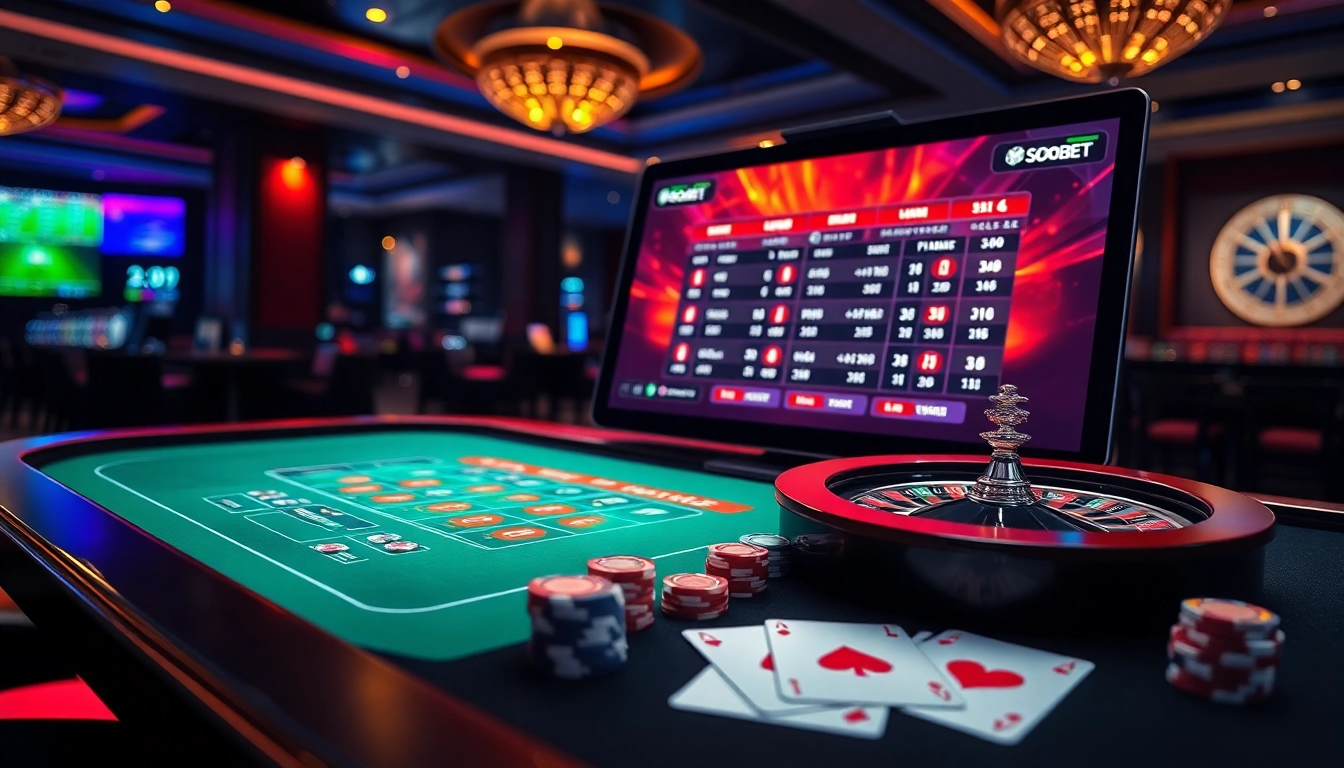 Experience the excitement of sbobet link alternatif with a luxurious online gambling setup showcasing sports betting and blackjack.