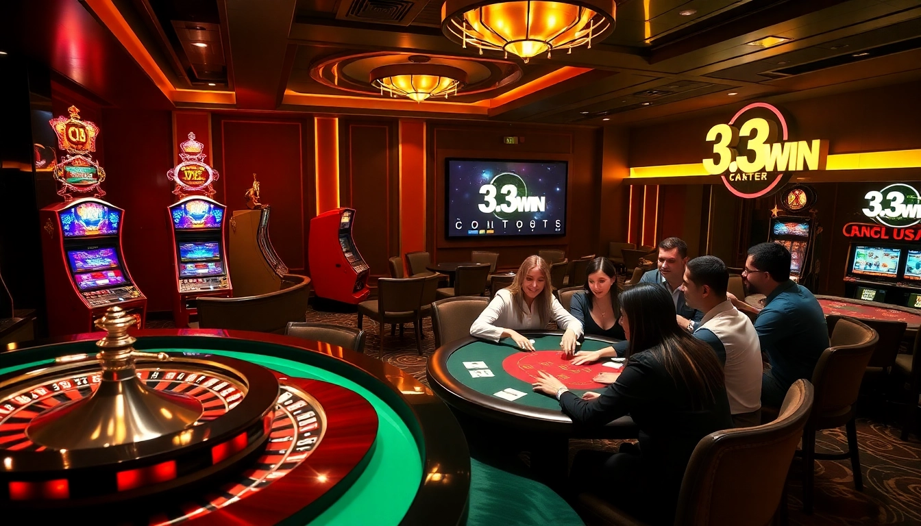 Engage in the thrill of casino gaming with 33WIN's vibrant poker scene featuring excited players and luxurious decor.