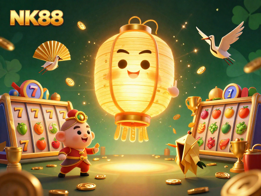 Spin the reels of NK88's captivating casino games, showcasing a vibrant 3D golden lantern scene.