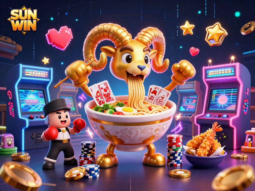 SUN WIN offers thrilling card dealing and gaming excitement with a golden ramen bowl and a sushi roll dealer in a vivid casino scene.