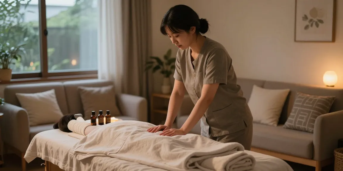 Relaxing home massage session, highlighting 하남출장안마 service with professional therapist and calming atmosphere.