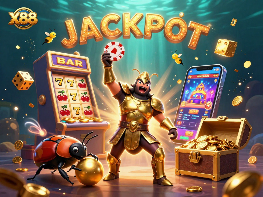 Win big on x88 with exciting slots and a vibrant casino atmosphere illustrated in a dynamic scene.