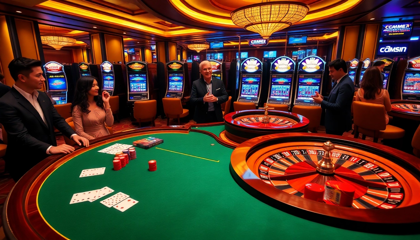 Exciting casino scene featuring CM88 đăng nhập with poker table, roulette wheel, and vibrant slot machines.