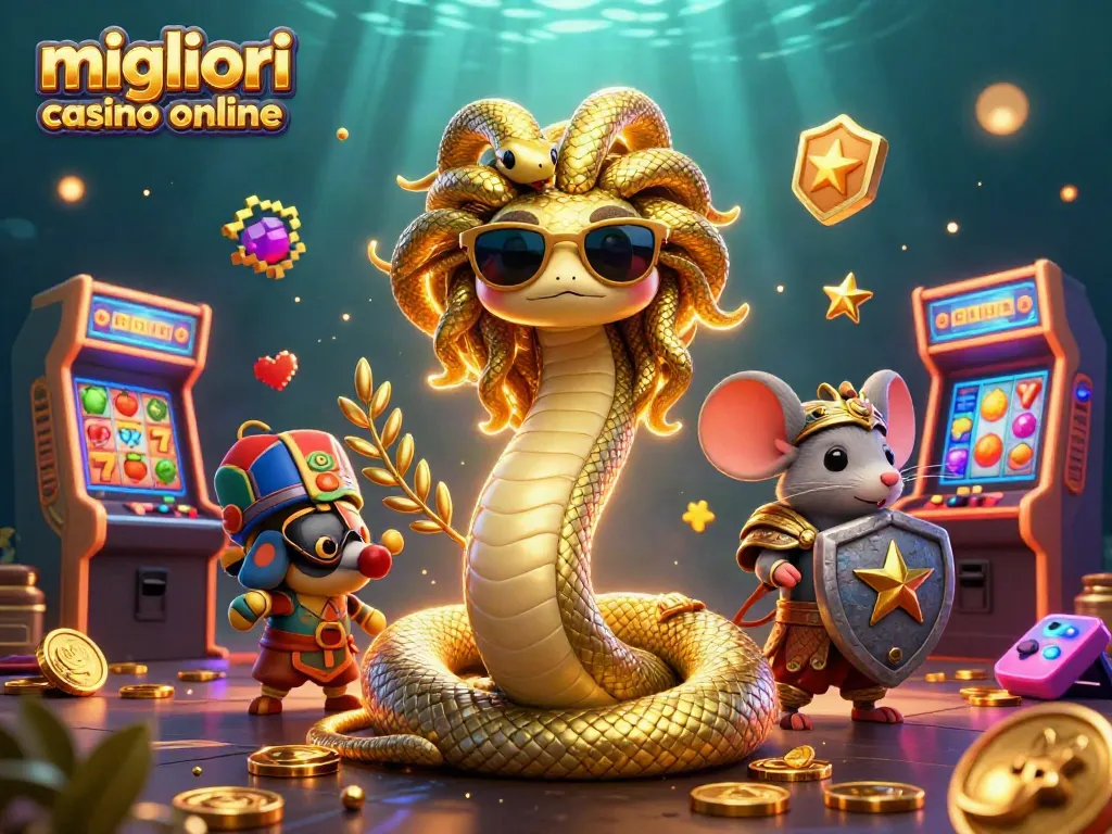I migliori casino online presentano una scena coinvolgente con Medusa, un topo guerriero e slot colorate.
