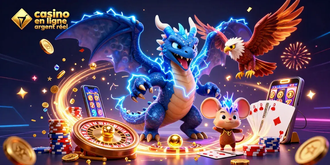 Jouez au casino en ligne argent réel avec des gains éblouissants illustrés par un dragon et des personnages dynamiques.