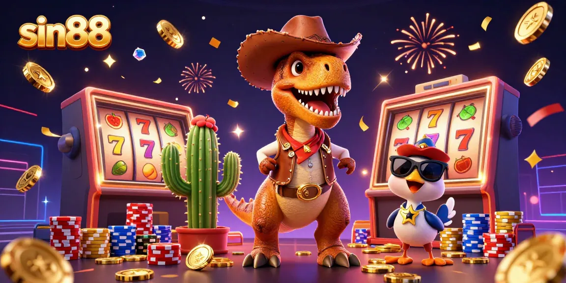 Spin the reels at sin88 with a cowboy dinosaur and friends in a vibrant casino celebration scene.