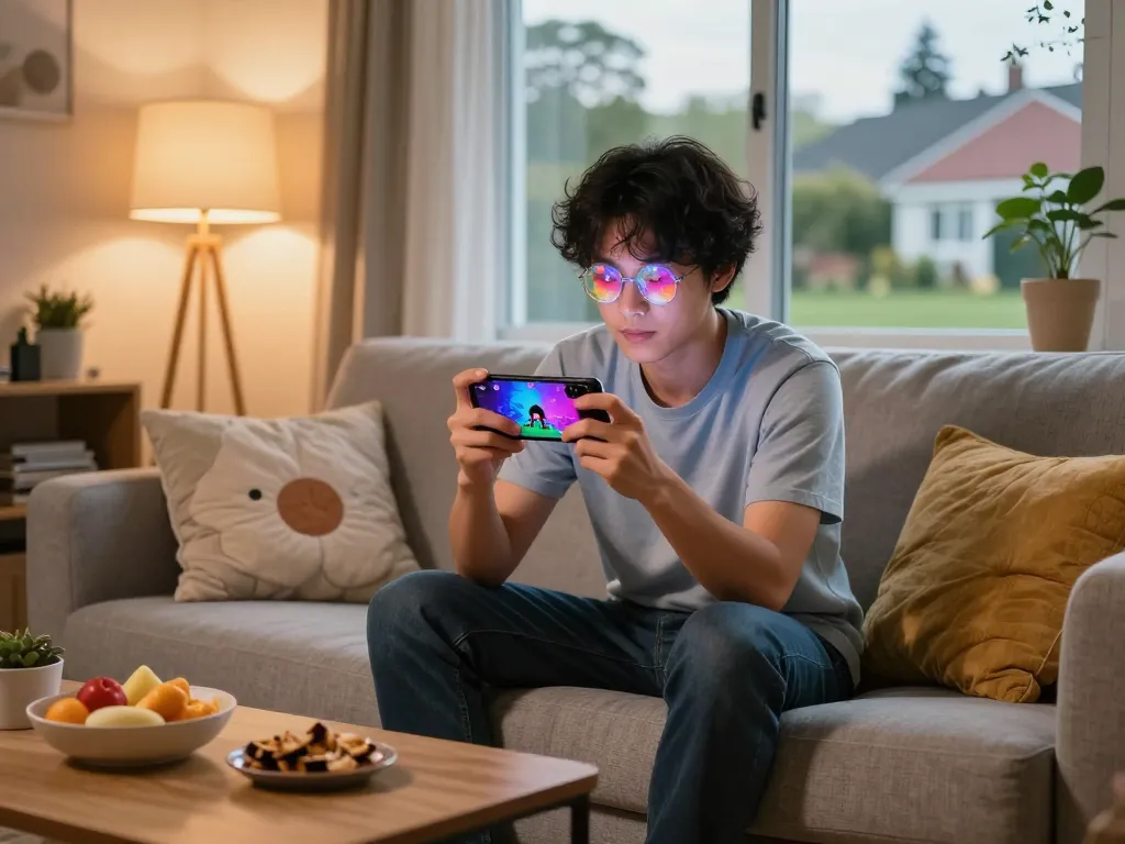 Immersive mobile porn game experience in a cozy living room setting.