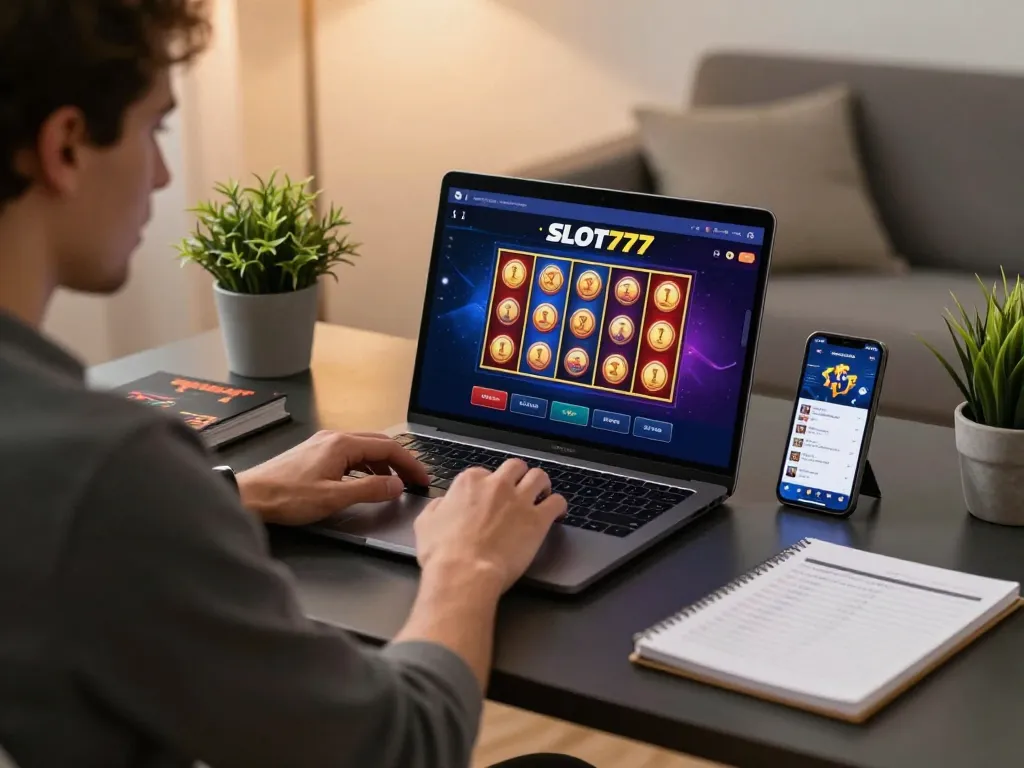 SLOT777 online gaming session with player engaged in colorful slot reels at home