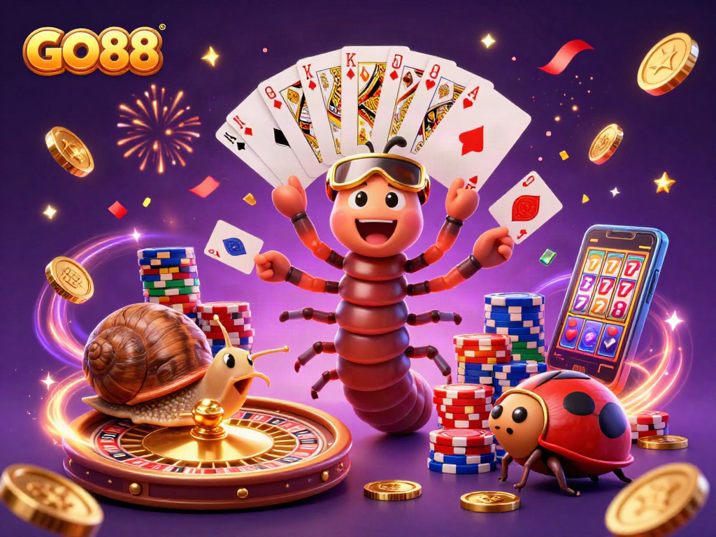 Experience the thrilling games at GO88 with vibrant characters and excitement in a captivating casino illustration.