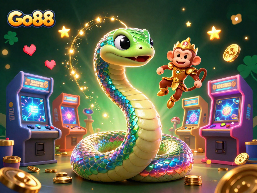 Khám phá Go88 qua trò chơi với rồng nhiều màu sắc, máy game sáng đẹp và ánh sáng lung linh.