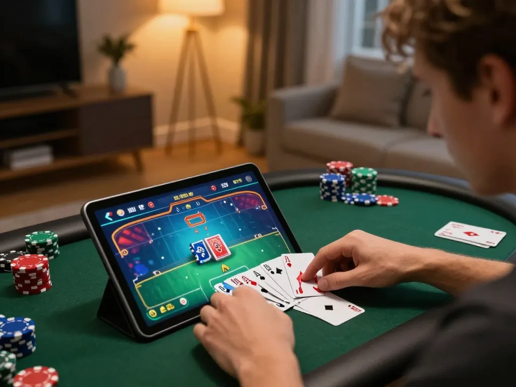 Engaging online poker gameplay on tablet showcasing LOTO188 LINK interface with strategic cards and chips.