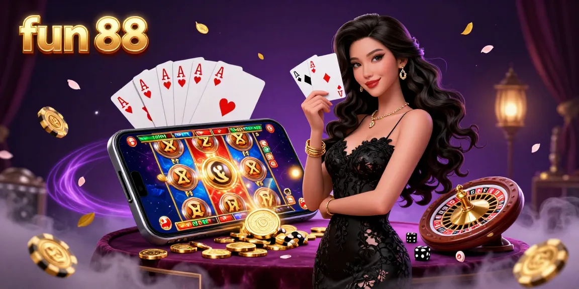 Experience fun 88 with vibrant slot games and alluring casino scenes, featuring an elegant Asian woman.