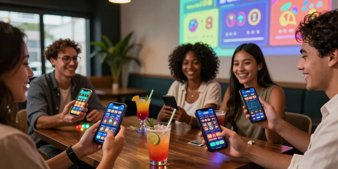 Friends enjoying KO66 app games at a vibrant lounge.