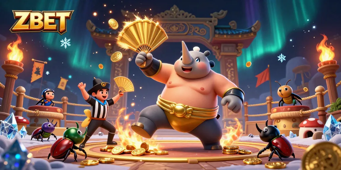 ZBET brings excitement as a sumo beetle champion makes coins fly in a vibrant casino arena.