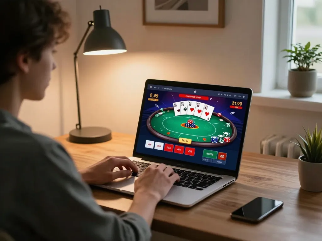 Playing poker on trang chủ Net88 platform from a cozy home office setup, ensuring responsible gambling.
