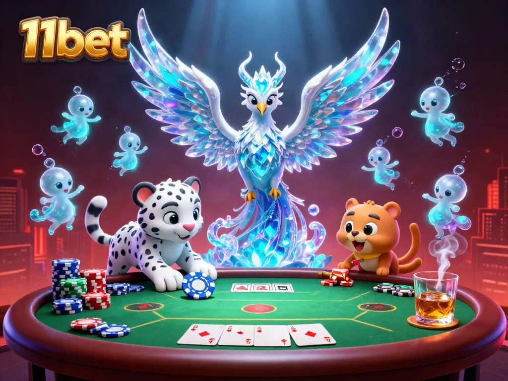 Engage in the vibrant world of 11bet with a playful ice phoenix and poker-themed elements.
