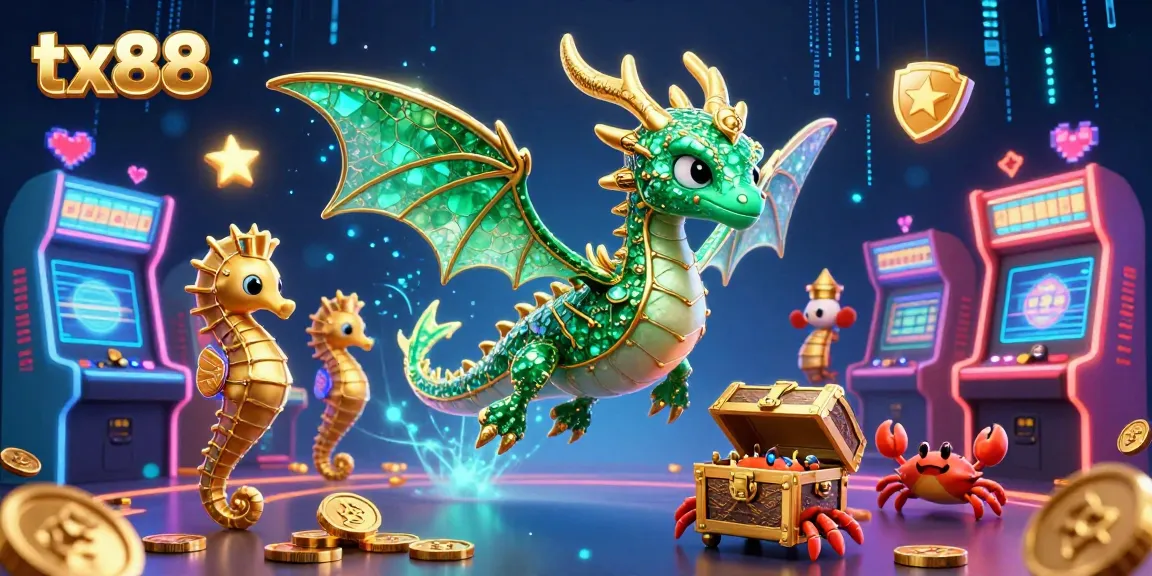 Experience tx88's vibrant casino atmosphere featuring a 3D sea dragon and arcade game action.