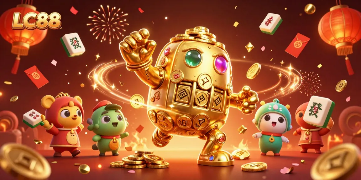Engage with thrilling games at LC88's vibrant casino, featuring a dynamic golden golem surrounded by festive elements.