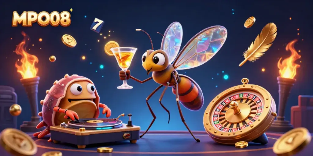 MPO08 mascot bringing excitement to online slots with golden cocktail and vibrant casino elements.