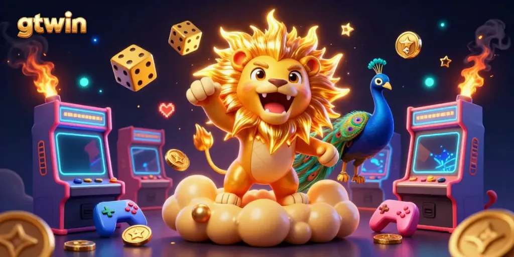 Experience thrilling excitement with gtwin featuring a roaring sun lion and colorful game elements in a casino-themed 3D illustration.