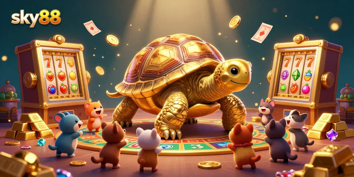 Engage with sky88's thrilling slot machine adventure featuring an animated golden tortoise and vibrant fruit symbols.