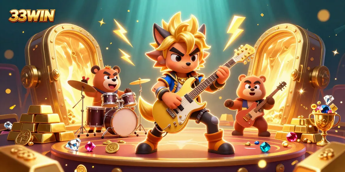 Experience thrilling 33WIN casino action as a rock star wolf and drummer bear energize the stage.