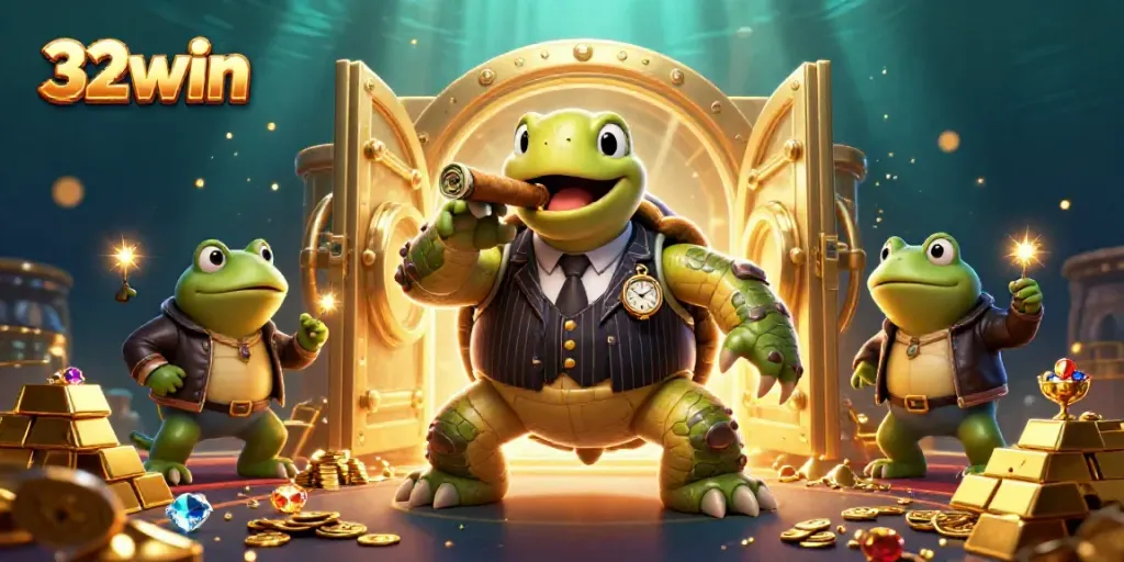 Experience the thrill of 32win with a turtle mobster and bullfrog enforcers amidst casino riches.