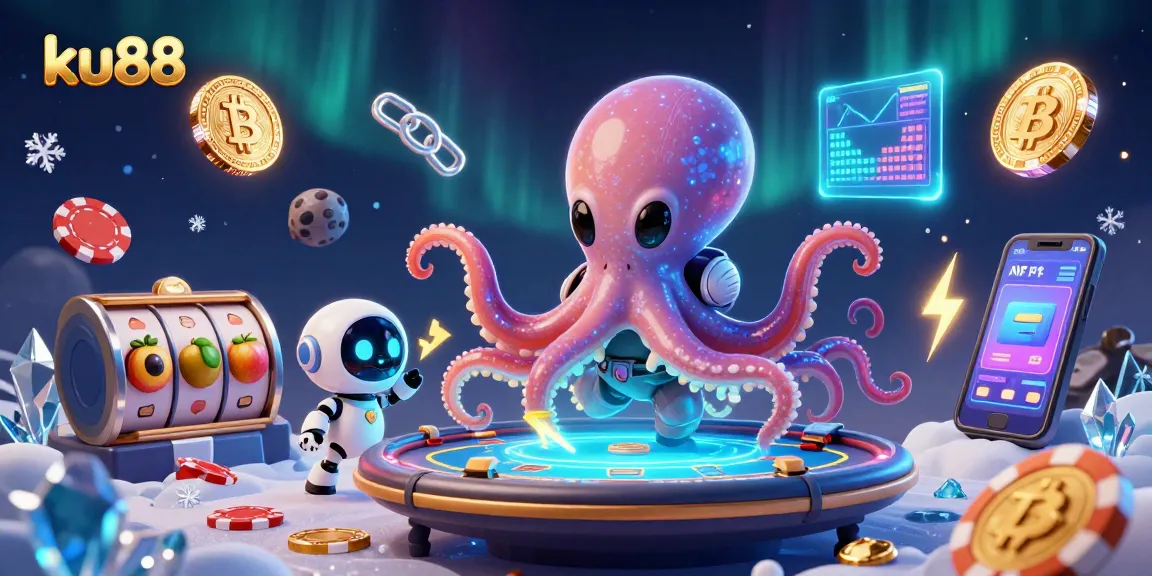 ku88 engages players at a floating poker table in an ultra-detailed 3D alien casino scene