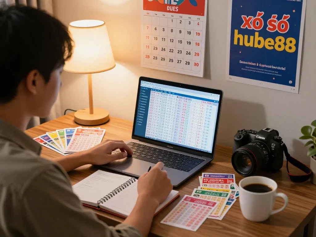 Focused individual analyzing lottery strategies and tickets for xổ số hubet88 in a cozy setting.