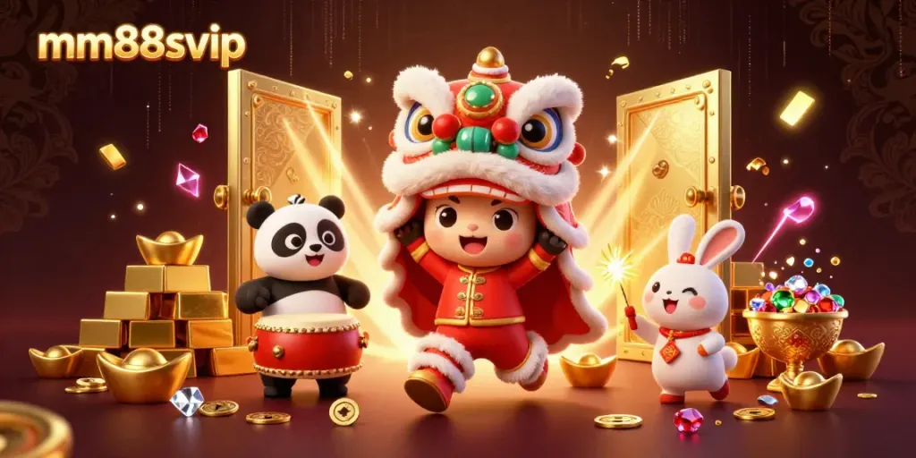 Experience the vibrant world of mm88svip with lion dancers and treasures in a thrilling casino scene.