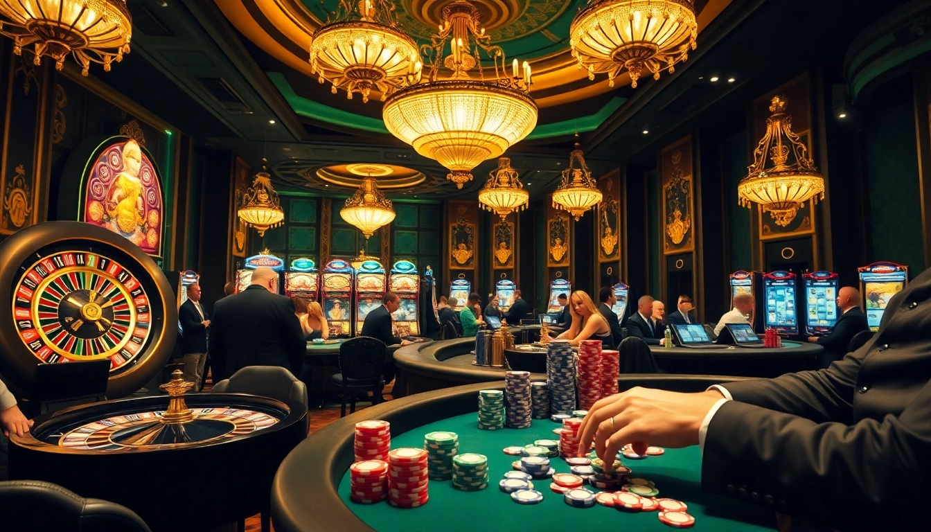 Experience excitement at LuckyWin casino featuring roulette, poker tables, and vibrant gambling action.