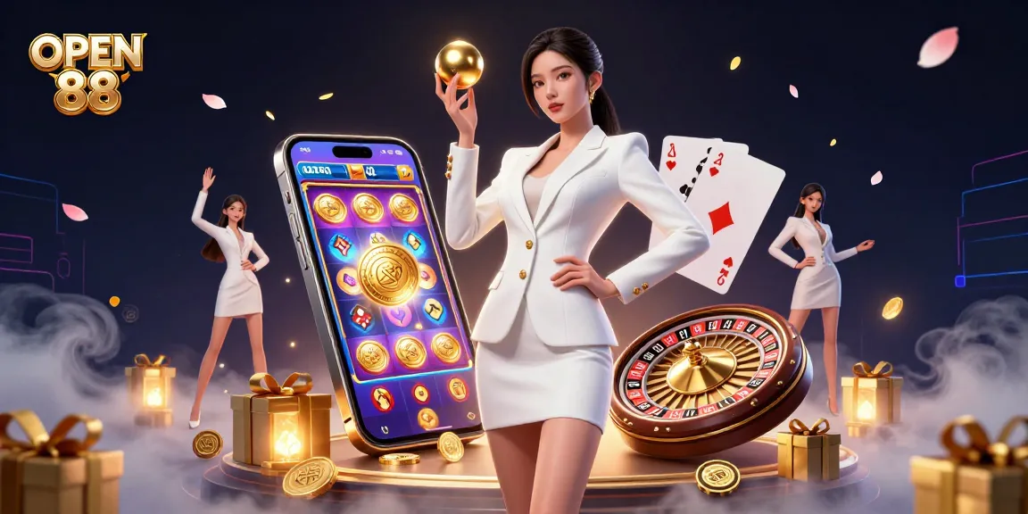 Experience high-stakes gaming at OPEN 88 with vibrant illustrations of casino elements.