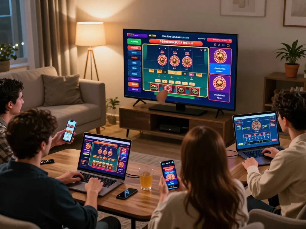 Players enjoying live casino action online with 88aa, engaging with dealers in a cozy home setting