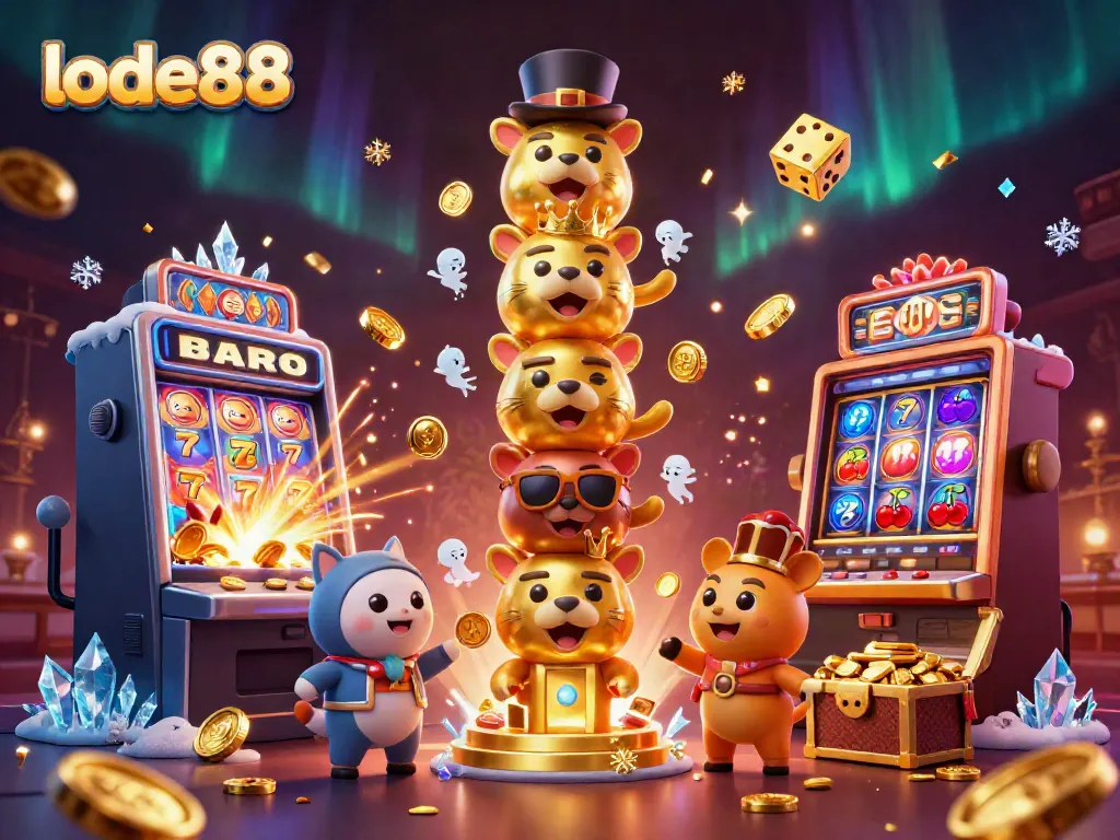 Experience thrilling wins with lode88 in this vibrant 3D casino illustration featuring dynamic elements and a golden totem.